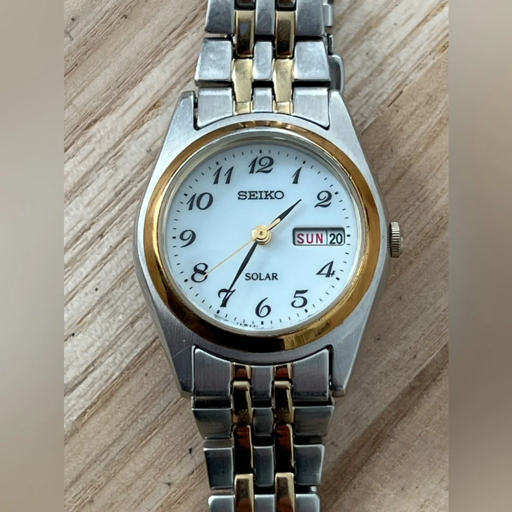 Seiko Solar Ladies Watch Two-Tone Bracelet White Dial Date Window New Crystal